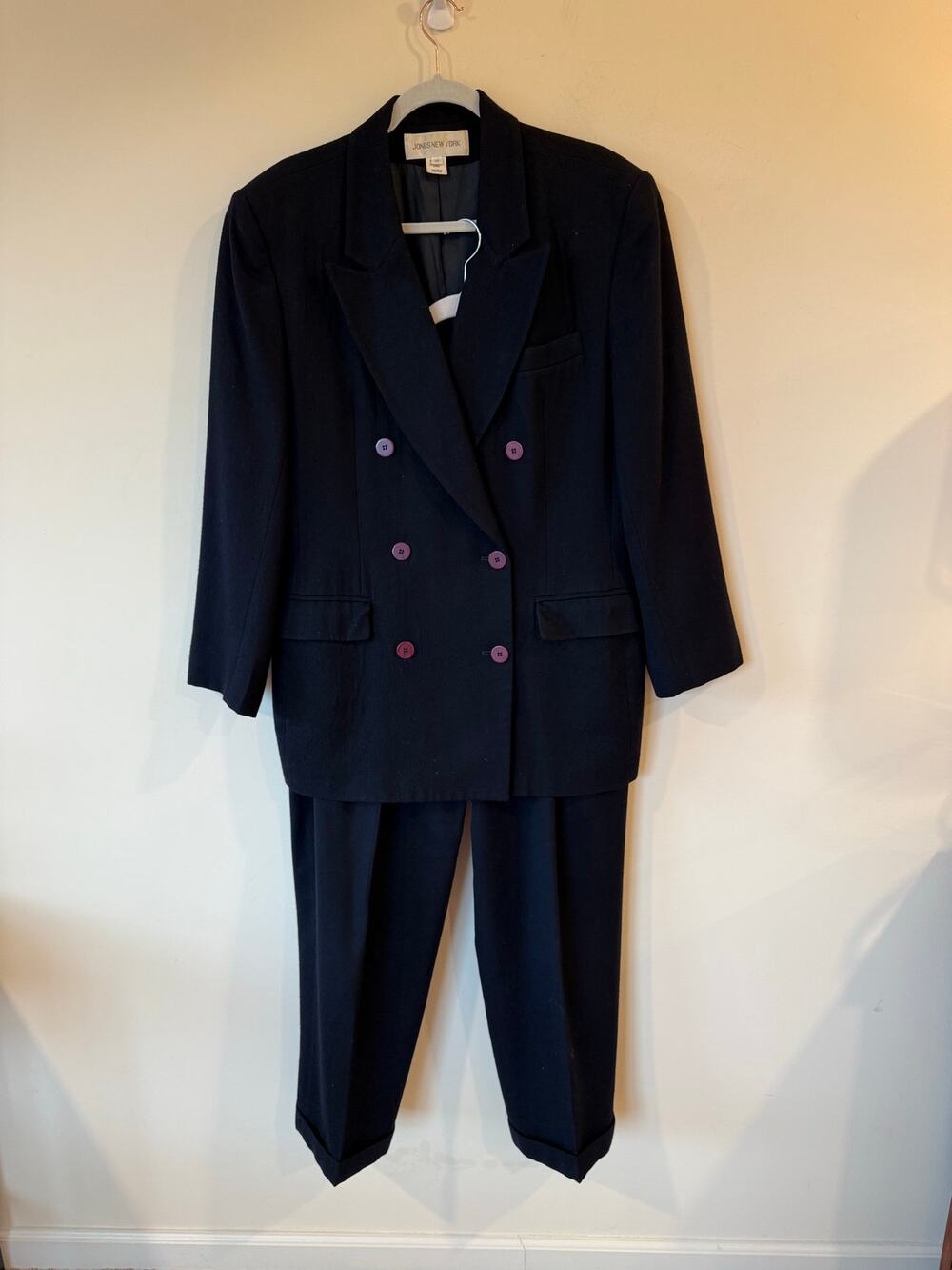 Jones New York Pant Suit Set Women's Size 16 Blue Double breasted 100% Wool
